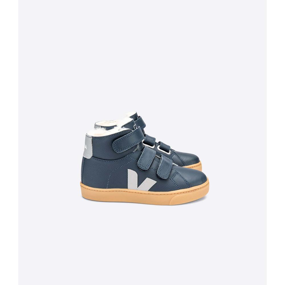 Kids\' Veja ESPLAR MID FURED LEATHER High Tops Navy | SG 686EBC